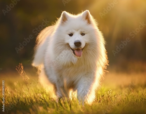 A Samoyed walking calmly on the grass