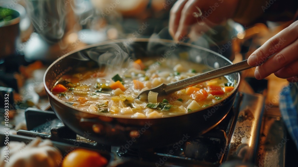 Taste-testing soup, stock person leans over bubbling broth on stove, small ladle in hand, culinary scene captures the essence of cooking and flavor exploration Taste-testing soup, stock person leans over bubbling broth on stove, small ladle in hand, culinary scene captures the essence of cooking and flavor exploration