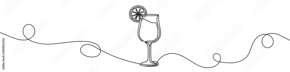Minimalist vector illustration of a cocktail glass with a slice of lemon, created using a continuous line Minimalist vector illustration of a cocktail glass with a slice of lemon, created using a continuous line
