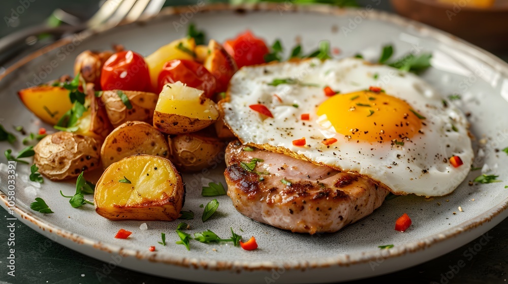 Leberkase with a fried egg and roast potatoes on a plate Leberkase with a fried egg and roast potatoes on a plate