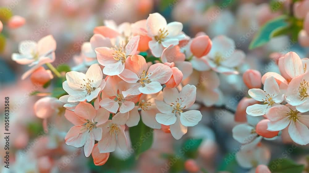 Delicate pink and white blossoms bloom on a tree branch in springtime Delicate pink and white blossoms bloom on a tree branch in springtime
