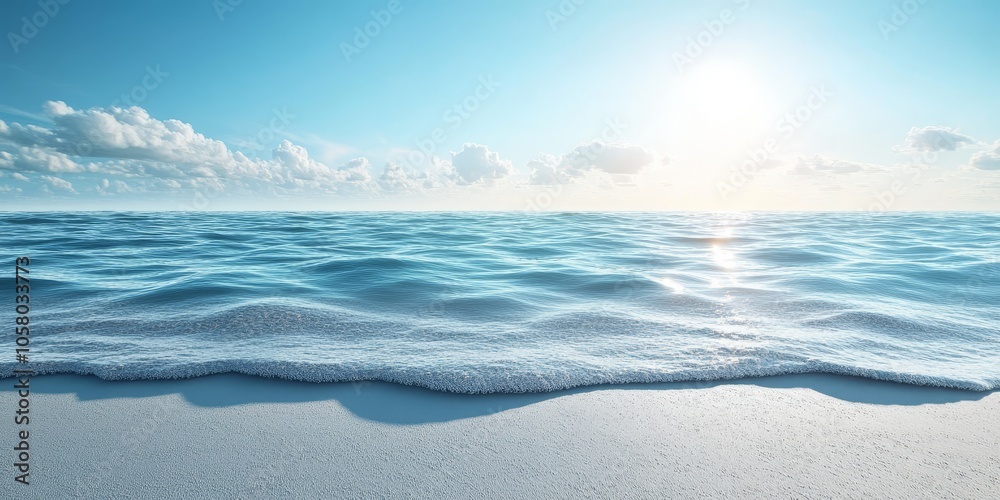 Fototapeta premium A serene ocean view with gentle waves lapping against a sandy beach under a bright blue sky and soft clouds