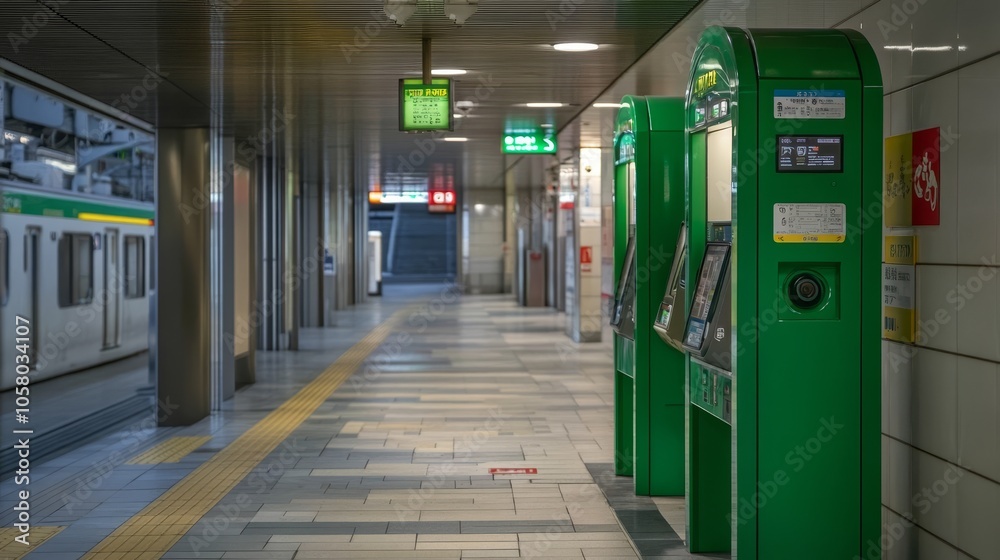Modern Train Station Interior with Ticket Machines and Empty Platform Modern Train Station Interior with Ticket Machines and Empty Platform