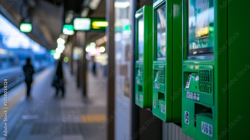 Green Ticket Machines at Train Station Platform Green Ticket Machines at Train Station Platform