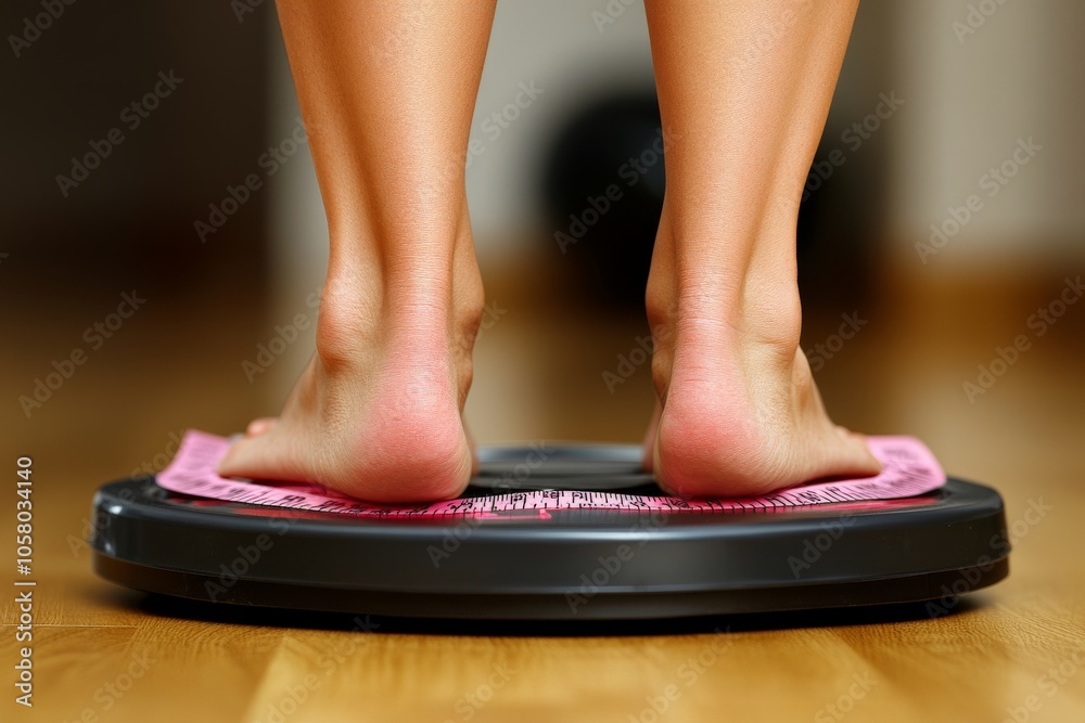 Fototapeta premium Woman standing on digital weight scale symbolizing body measurement fitness tracking and weight management in pursuit of wellness goals with focus on progress