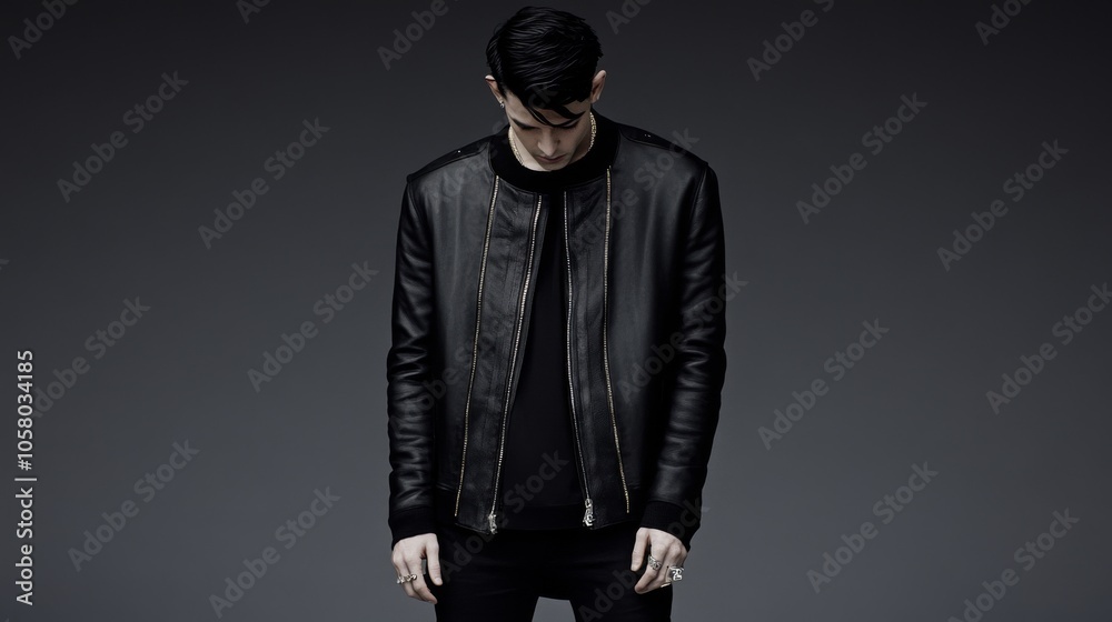 Stylish male model wearing a black leather jacket, exuding confidence in a minimalistic studio setting. Stylish male model wearing a black leather jacket, exuding confidence in a minimalistic studio setting.