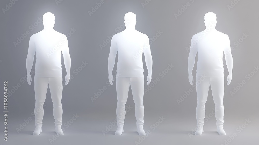 Three ethereal figures stand in a minimalistic setting, each illuminated with a soft glow, symbolizing presence and potential. Three ethereal figures stand in a minimalistic setting, each illuminated with a soft glow, symbolizing presence and potential.