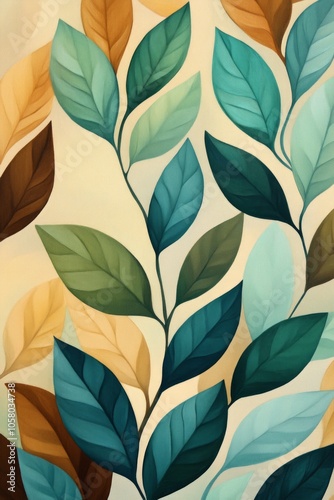 Abstract pattern of teal, green, brown leaves on a beige background.