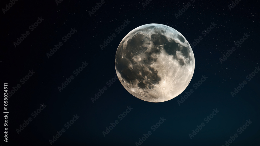 Close-up view of a full moon with detailed craters against a dark night sky filled with scattered stars. Close-up view of a full moon with detailed craters against a dark night sky filled with scattered stars.