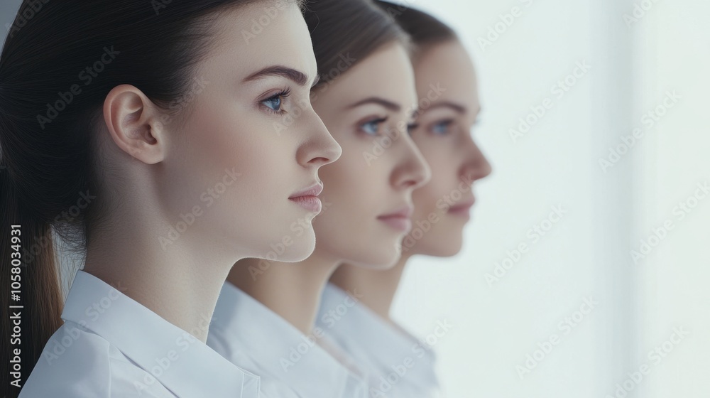 Three women in profile, showcasing elegance and poise. Ideal for themes of beauty, diversity, and modern lifestyle. Three women in profile, showcasing elegance and poise. Ideal for themes of beauty, diversity, and modern lifestyle.