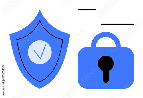 A blue shield with a check mark and a padlock represent security and protection. Ideal for cybersecurity, data protection, online safety, secure transactions, and privacy. Minimalist vector style