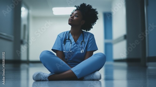 Young Woman in Scrubs Reflecting in a Hospital Corridor