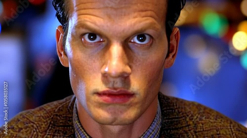 A man stares intently at the camera, his brow furrowed in concentration