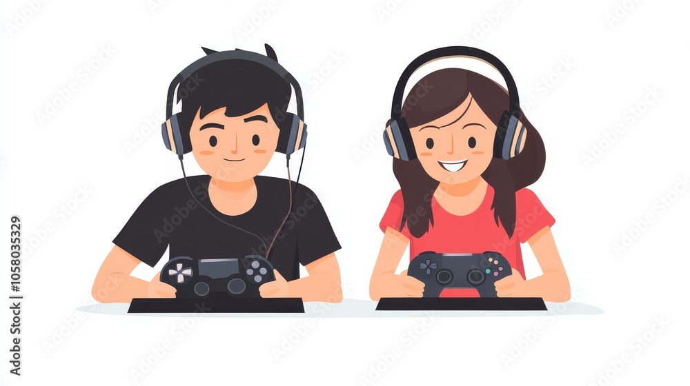 Two gamers enjoy playing video games together, showcasing a fun and engaging gaming experience with headsets and controllers. Two gamers enjoy playing video games together, showcasing a fun and engaging gaming experience with headsets and controllers.