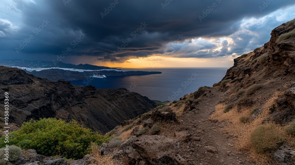 Fototapeta premium Dramatic sunset over the Aegean Sea with a cruise ship in the distance, seen from a clifftop path.