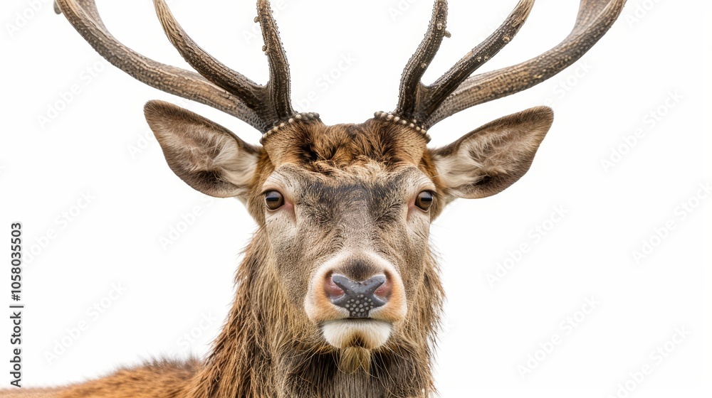 Elegant watercolor art of a deer head with branching antlers on a crisp white canvas Elegant watercolor art of a deer head with branching antlers on a crisp white canvas