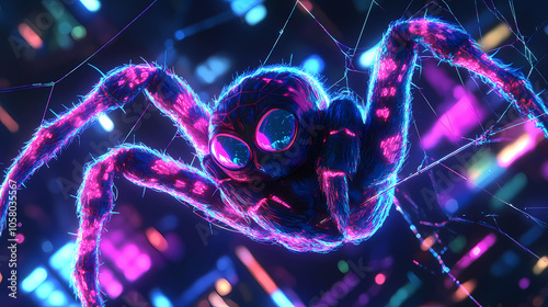 Neon lit futuristic arachnid trapeze weaving hypnotic otherworldly routines. Chiaroscuro Lighting. Illustration