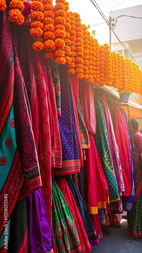 A lively market displays an array of colorful sarees draped elegantly