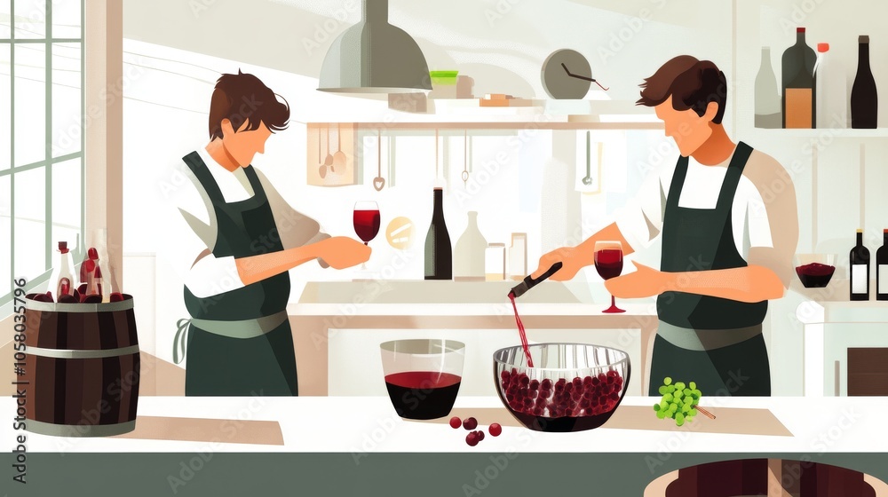 Fototapeta premium Two men working in a kitchen, preparing wine and handling grapes with barrels and bottles in a bright, modern setting.