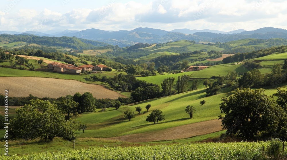 Obraz premium Serene Countryside Landscape with Rolling Hills and Lush Greenery