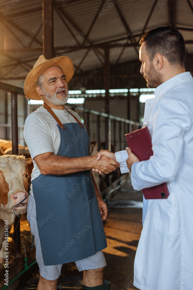 Farmer and a veterinarian shaking hands in a barn