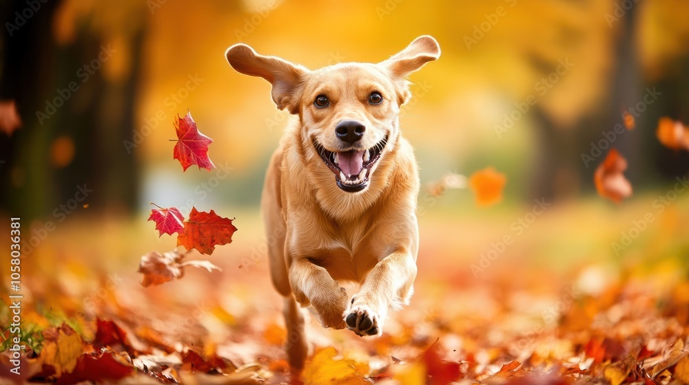 dog running through a field of fallen autumn leaves, with the bright colors of fall foliage and the cool breeze of the season. dog running through a field of fallen autumn leaves, with the bright colors of fall foliage and the cool breeze of the season.