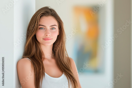 Young woman with light makeup and long, straight hair leaning against a white wall, gazing at the camera with a calm expression