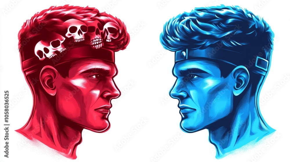 Vibrant illustration of two contrasting male heads, one red with skulls, the other blue, symbolizing duality and rivalry. Vibrant illustration of two contrasting male heads, one red with skulls, the other blue, symbolizing duality and rivalry.