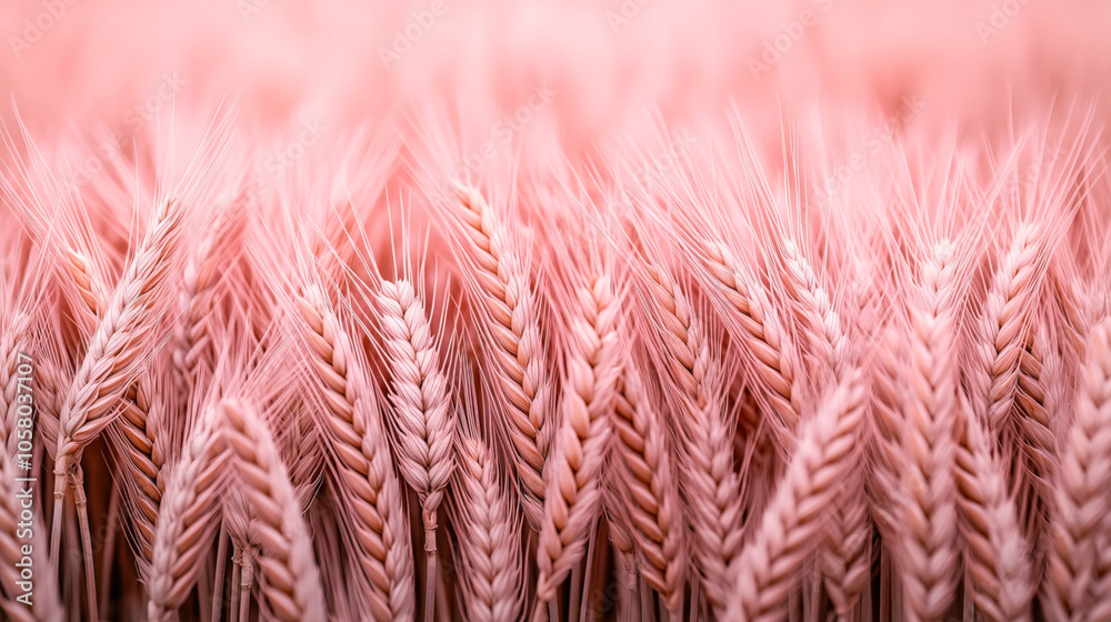 Fototapeta premium Close-up view of a field of wheat with pink-tinted grain heads in a serene agricultural setting, showcasing the textures and patterns of ripe wheat in a stylized artistic composition.