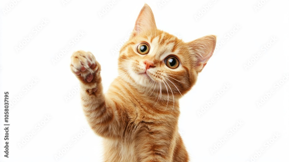 Obraz premium A playful large orange cat with big, expressive eyes standing on its hind legs, pointing playfully at something off-camera, captured in stunning detail with a Canon lens against a white background.