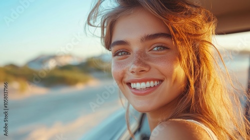 Cheerful young woman smiling from car window on sunny road, enjoying adventure, carefree road trip, golden hour lighting, outdoor travel, happiness, fun summer vacation