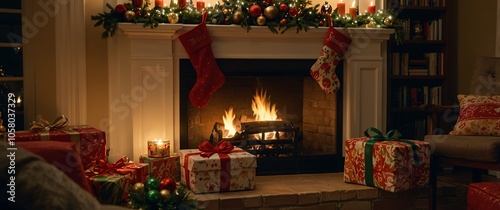 Cozy Christmas Fireplace: Presents, stockings, and a warm fire create a magical Christmas Eve scene. 