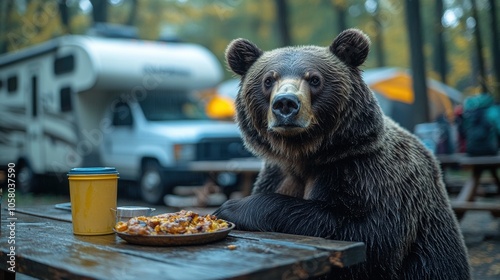 Bear sitting at a picnic table in a campground, comically enjoying a meal, quirky and humorous wildlife scene, camping adventure, wild animal in nature, playful and funny moment, outdoor camping fun photo