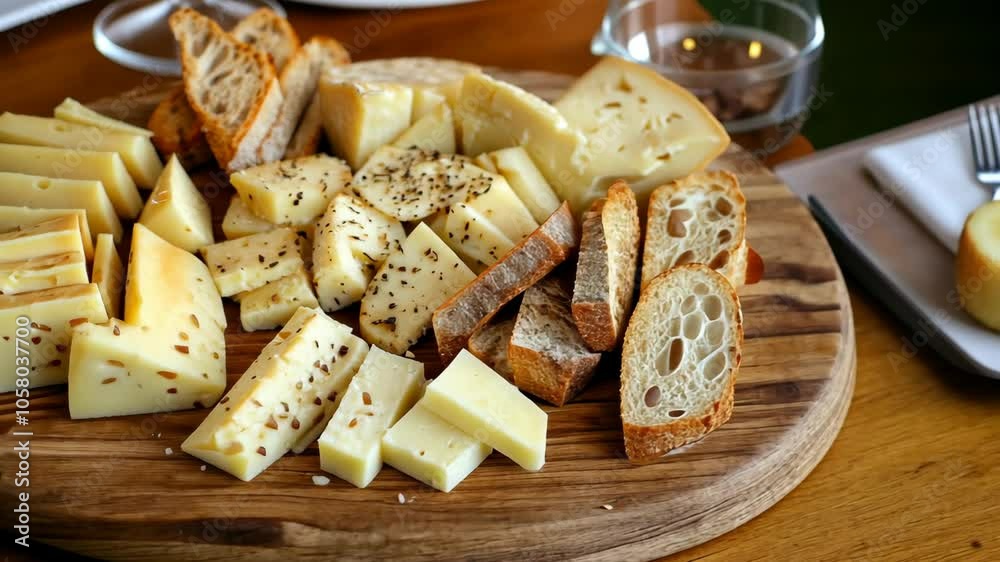 A rustic wooden board holds a delicious assortment of cheeses and bread, perfect for a casual gathering