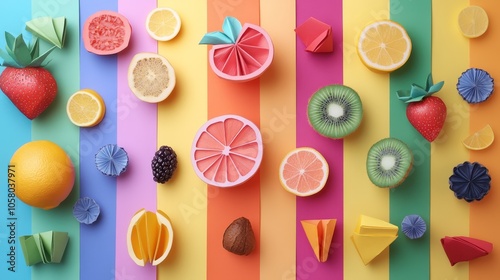 Colorful Assortment of Decorative Fruits on Vibrant Striped Background