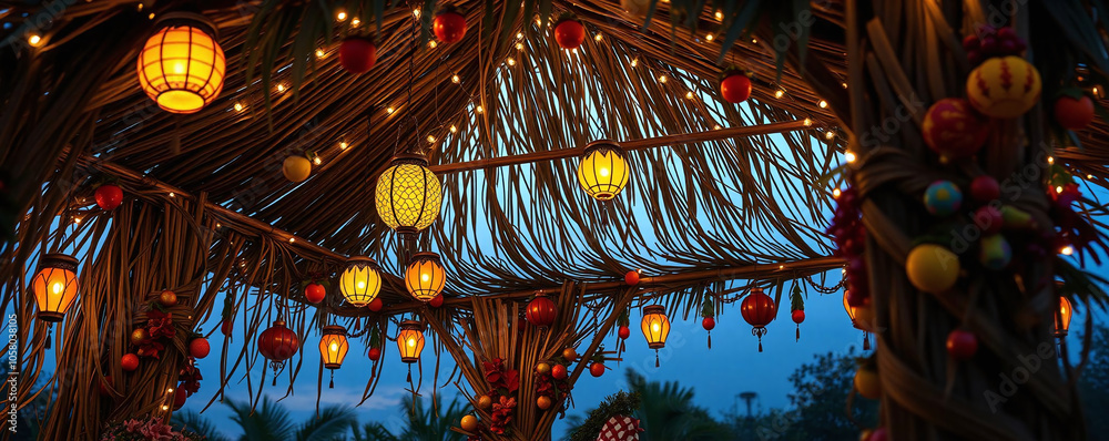 Naklejka premium Festive lanterns illuminate a tropical gazebo during sunset celebration