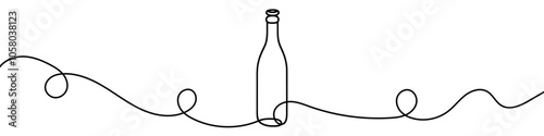 One continuous line illustration of a wine bottle, isolated on white background. Line art of a wine bottle