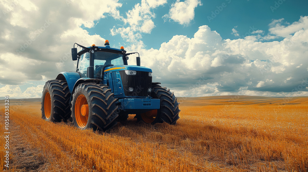 Powerful blue tractor plowing a field under a bright blue sky. Agricultural machinery at work, modern farming equipment, rural landscape, clear weather, countryside technology, heavy machinery Powerful blue tractor plowing a field under a bright blue sky. Agricultural machinery at work, modern farming equipment, rural landscape, clear weather, countryside technology, heavy machinery