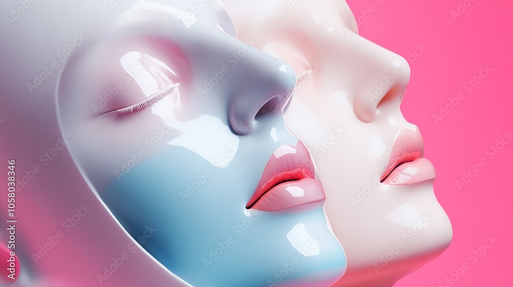 A close-up of two abstract mannequin faces showcasing smooth textures and vibrant colors, symbolizing art and beauty. A close-up of two abstract mannequin faces showcasing smooth textures and vibrant colors, symbolizing art and beauty.
