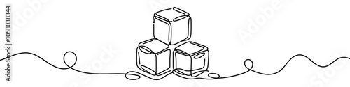 Continuous line drawing of three ice cubes melting on a surface. Vector illustration.