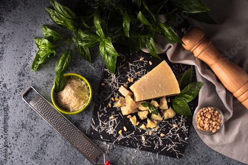 Gourmet Italian Parmigiano Reggiano with Basil and Pine Nuts: Aged Cheese Slice on Black and Wooden Backgrounds