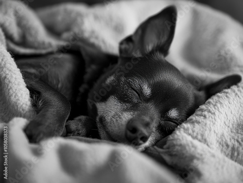 A sharpey dog lying quietly and sleeping under a blanket photo