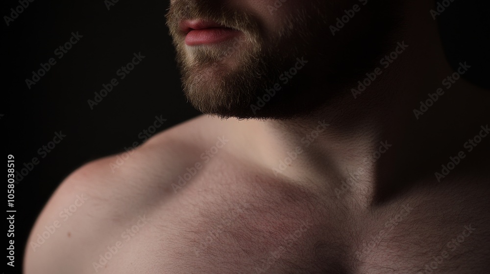 A close-up view of a masculine shoulder and neck, highlighting a beard and skin texture in soft lighting against a dark background. A close-up view of a masculine shoulder and neck, highlighting a beard and skin texture in soft lighting against a dark background.