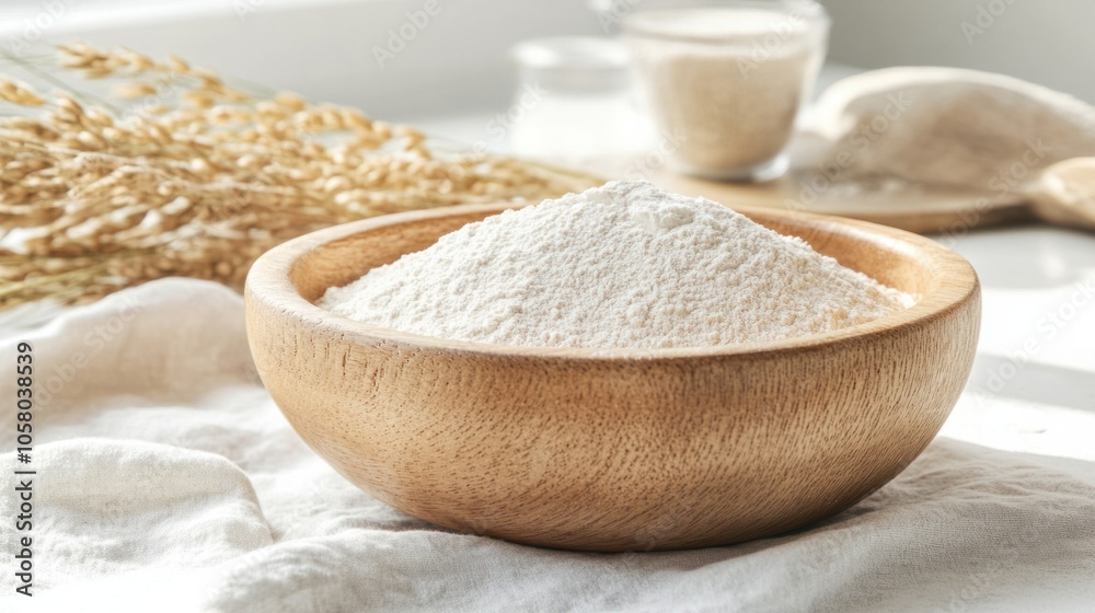 Close-up of white flour in a natural wooden bowl, perfect for baking visuals, isolated on white background Close-up of white flour in a natural wooden bowl, perfect for baking visuals, isolated on white background