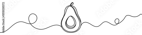 One continuous line illustration of an avocado, isolated on white background. Line art of an avocado.