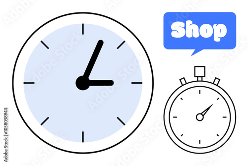 Simple black and white icons of an analog clock and a stopwatch. A blue speech bubble with the word Shop implies retail or shopping themes