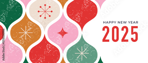 Merry Christmas and Happy New Year 2025. Abstract vintage background with typography , minimalist Christmas decorations, trees and ornaments elements. Retro hand drawn vector illustration