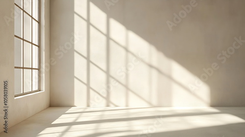 Bright sunbeams from a panoramic window casting shadows on a smooth beige wall. Simple, empty room with natural light patterns. Minimalistic product stand mockup for business brand ad, copy space