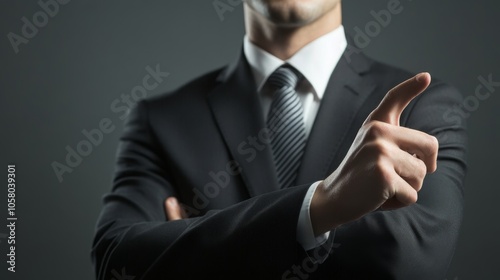 A confident businessman in a suit gestures with his hand, symbolizing authority and leadership in a professional setting.