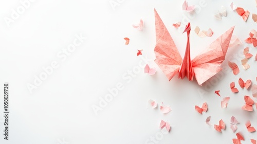 Delicate Pink Origami Butterfly Surrounded by Heart-Shaped Petals